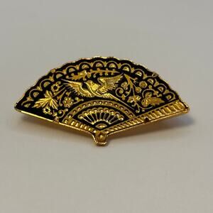 Vintage Damascene Brooch Fan Pin Bird Floral Motif